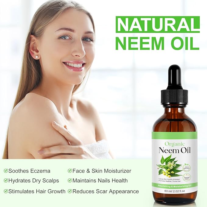 Neem Oil 2.02 fl.oz, Neem Oil for Skin and Hair, 100% Pure Natural Cold Pressed Unrefined Virgin for Hair Growth, Skin& Body Care, Nails, Nourishes the Hair, Natural Moisturizer, Reduces Fine Line