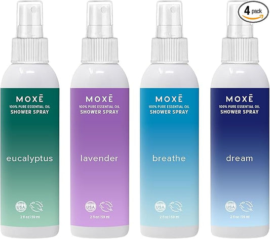 MOXE Aromatherapy Shower Mist Variety Pack, Eucalyptus, Lavender, Breathe and Dream, Spa Steam Spray, Natural 100% Essential Oils, Made in USA, Aromatherapy, Sinus Congestion Relief, 4 Pack (8oz)