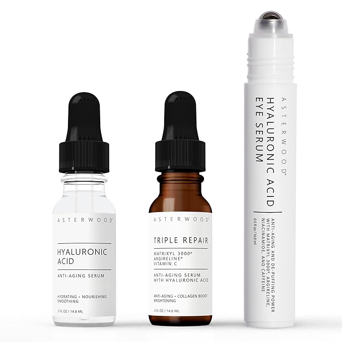 Asterwood Skin Care Set - with Hyaluronic Acid & Triple Repair Serums, Under Eye Serum - Skincare Essentials - Hydrating, Moisturzing, Anti-Aging - Fragrance-Free