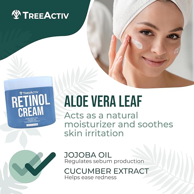 TreeActiv Retinol Cream, 2 oz, Retinol Cream for Face and Body, Gentle Retinol Moisturizer with Hyaluronic Acid, Moisturing Women and Mens Retinol Face Cream, Anti Aging Spot Wrinkle Cream, 400 Uses