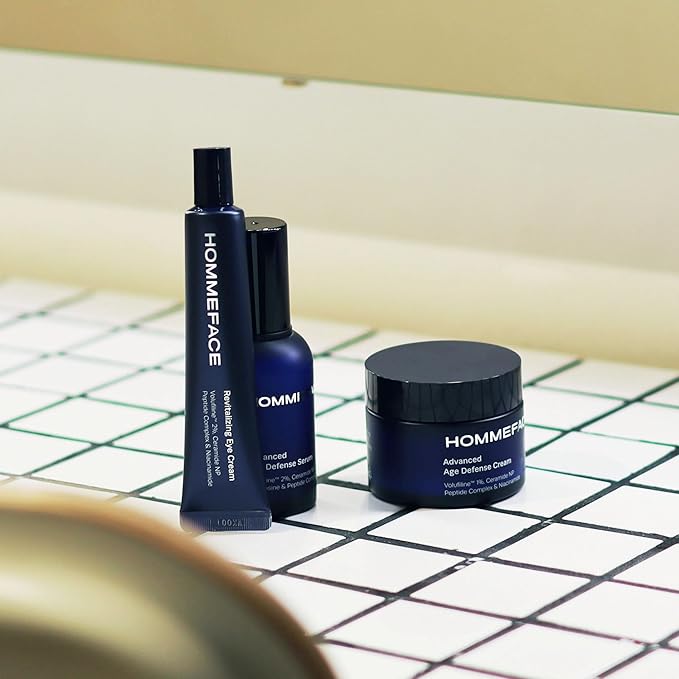 HOMMEFACE Men’s Advanced Age Defense 3-Piece Anti-Aging Skincare Set - Facial Serum, Eye Cream & Face Cream - Korean Skincare Technology with Volufiline, Ceramide, Hyaluronic Acid & Peptides
