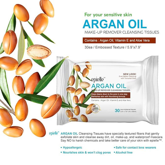 Epielle Argan Oil Makeup Remover Wipes, Gentle Daily Facial Cleanser Towelettes, Remove Dirt, Oil & Waterproof Mascara, Hypoallergenic & Alcohol-Free, 30 Count (Pack of 6)