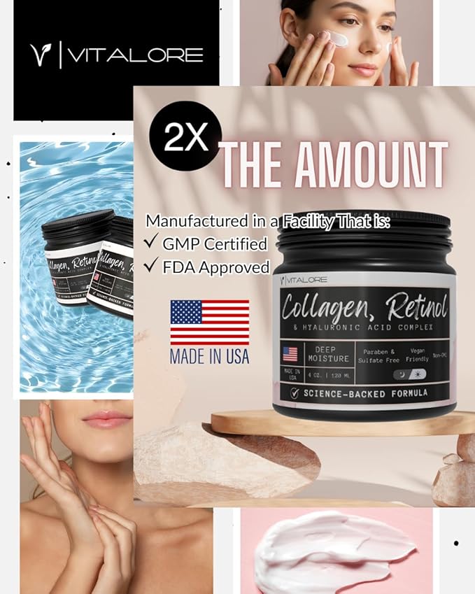 Collagen, Retinol Moisturizer & Wrinkle Cream with Hyaluronic Acid. Instant Face Lift Cream. Anti-Aging skincare for Neck & Décolleté. For Women and Men- Made in the USA for day & night use.