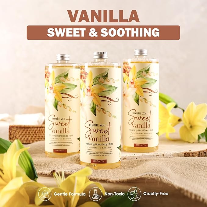Foaming Hand Soap Refill Gift Set – Sweet Vanille Scent – 3 Pack (1000ML Each) with Dispenser, Gentle & Moisturizing Plant-Based Formula – Bulk Refill Bottles for Bathroom & Kitchen Use