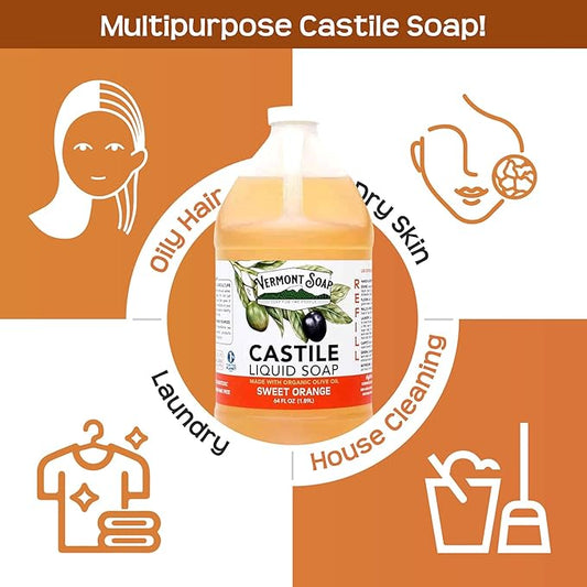 Vermont Pure Castile Soap Orange, Gentle Liquid Soap for Sensitive Skin & Natural Body Wash, Organic Hair Shampoo for Oily Hair, Aloe Castile Soap for Men & Women - 64 Oz