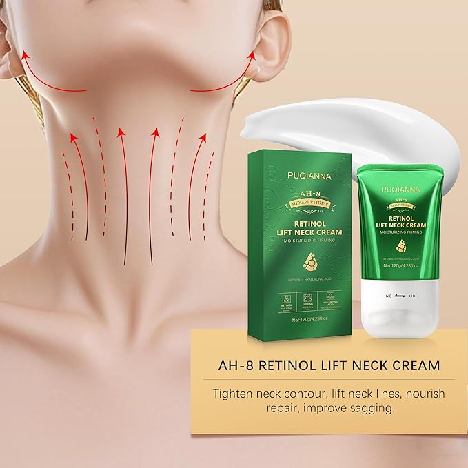 Retinol Neck Cream with Roller - AH8 Lift Firming Cream for Crepey Skin, Hyaluronic Acid Moisturizer for Face, Neck & Body, Tightening & Lifting Treatment for Wrinkles & Lines 4.23oz