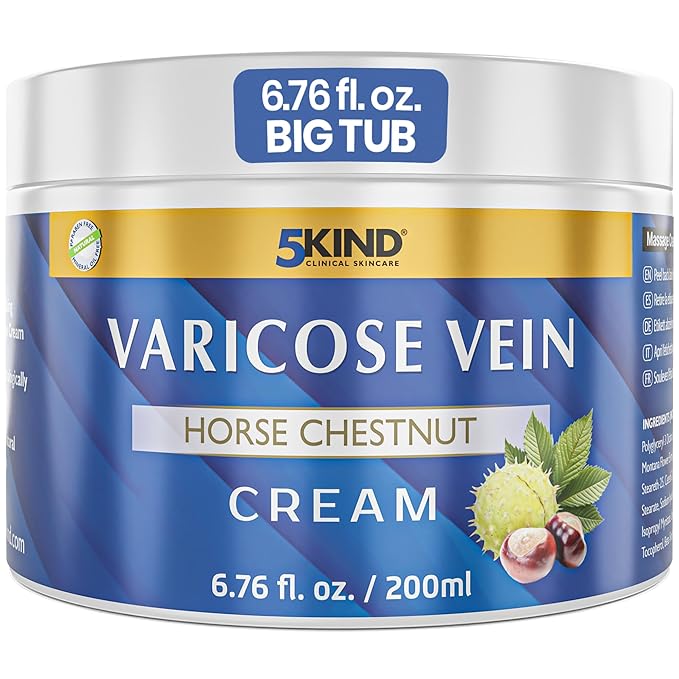 Varicose Veins Treatment for Legs 6.76 Fl Oz - Horse Chestnut Cream for Varicose Veins with Zinc, Avocado & Arnica - Improve the Appearance & Feel of Varicose Veins - Varicose Veins Cream by 5Kind