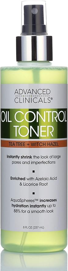 Advanced Clinicals Oil Control Purifying Facial Mist Toner. Hydrating, Non-Greasy Tea Tree Oil, Witch Hazel Toner W/Aloe Vera Face Mist Cleans Pores & Clears Acne All Skin Types, 8 Fl Oz (Pack of 1)