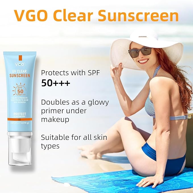 VGO Clear Face Sunscreen SPF 50, Hydrating Sun Essence Face Leaves No Sticky Feeling Travel Size Sunscreen Against UVA and UVB Rays 50ml / 1.7oz - 2 Packs