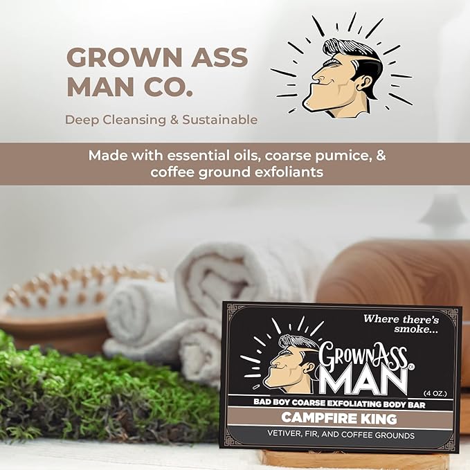 Grown Ass Man Co. Exfoliating Body Bars - Solid Soap with Natural Oils & Gentle Scrub - Plastic Free & Eco-Friendly, Natural & Organic for All Skin, 4oz Bar - Campfire King - Coarse Exfoliant, 6-Pack