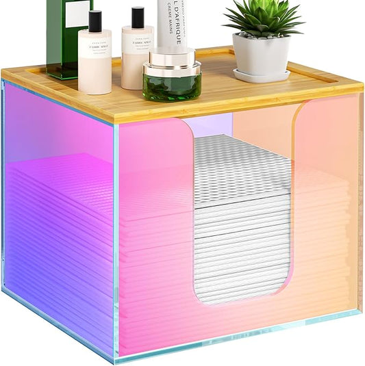 VITVITI Disposable Face Towel Holder Box, Acrylic Facial Towel Container for XL Clean Skin Club, Large Disposable Face Towels Storage with Bamboo Lid, for Bathroom, Vanity Makeup, Rainbow