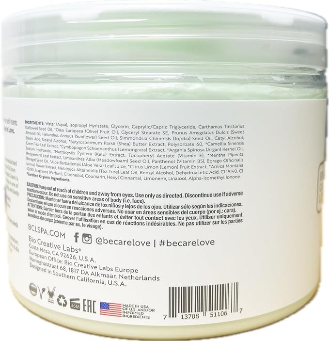 BCL SPA Massage Cream organic Lemongrass + Green Tea body lotion with shea butter, aloe vera, peppermint, argan and jojoba oils body cream to soothe, calm & revitalize the skin. Home/Pro use 16 fl oz