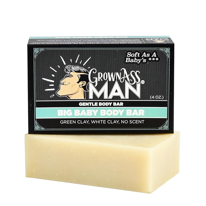 Grown Ass Man Co. Body Bars - Solid Soap with Natural Oils & Soothing Clay - Plastic Free & Eco-Friendly, Natural & Organic for All Skin Types, 4oz Bar - Big Baby, 6-Pack