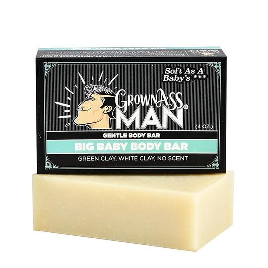 Grown Ass Man Co. Body Bars - Solid Soap with Natural Oils & Soothing Clay - Plastic Free & Eco-Friendly, Natural & Organic for All Skin Types, 4oz Bar - Big Baby, 6-Pack