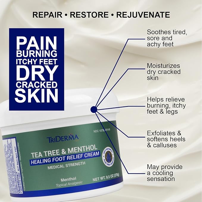 TriDerma Tea Tree Oil Foot Cream for Dry Cracked Feet, Itchy Skin, Tingling & Foot Pain with Menthol, Non-greasy 9.5 oz