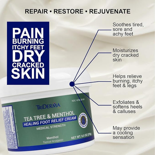 TriDerma Tea Tree Oil Foot Cream for Dry Cracked Feet, Itchy Skin, Tingling & Foot Pain with Menthol, Non-greasy 9.5 oz