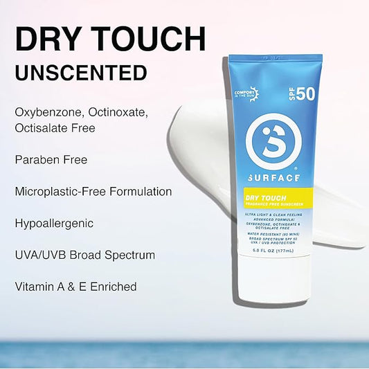 Surface Sunscreen Lotion SPF 50 for Face and Body, Natural Formula, Lightweight and Reef Friendly, Broad Spectrum UVA UVB Protection, Water Resistant Sun Care for Outdoor Use, Fragrance Free, 6oz