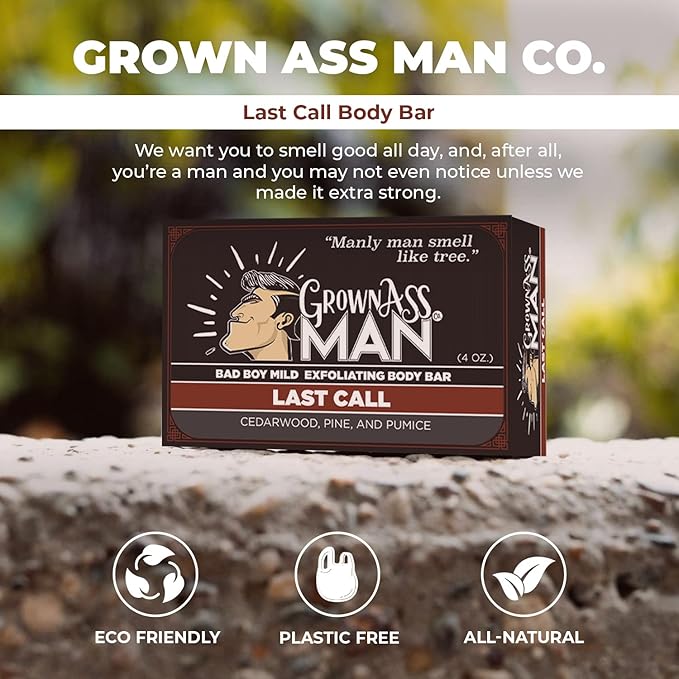 Grown Ass Man Co. Exfoliating Body Bars - Solid Soap with Natural Oils & Gentle Scrub - Plastic Free & Eco-Friendly, Natural & Organic for All Skin Types, 4oz Bar - Last Call - Mild Exfoliant, 6-Pack