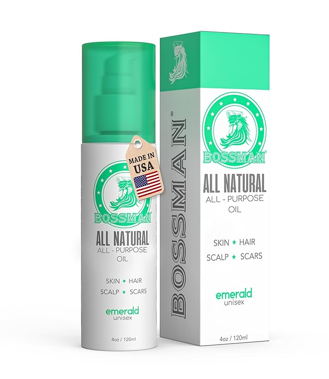 Bossman Skin, Scalp, and Hair Oil for Men & Women - 4 oz Moisturizing Body Oil - Emerald (Green Tea) Scent - Anti-aging, Hydrating, Scar Reducing Solution with Olive, Sunflower, Vitamin E