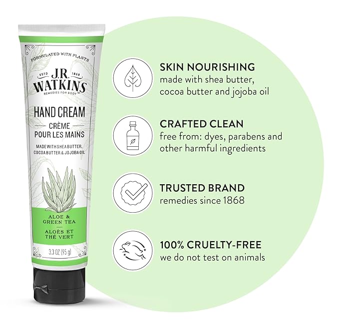 J.R. Watkins Natural Moisturizing Hand Cream, Hydrating Hand Moisturizer with Shea Butter, Cocoa Butter, and Avocado Oil, USA Made and Cruelty Free, 3.3oz, Aloe & Green Tea, Single