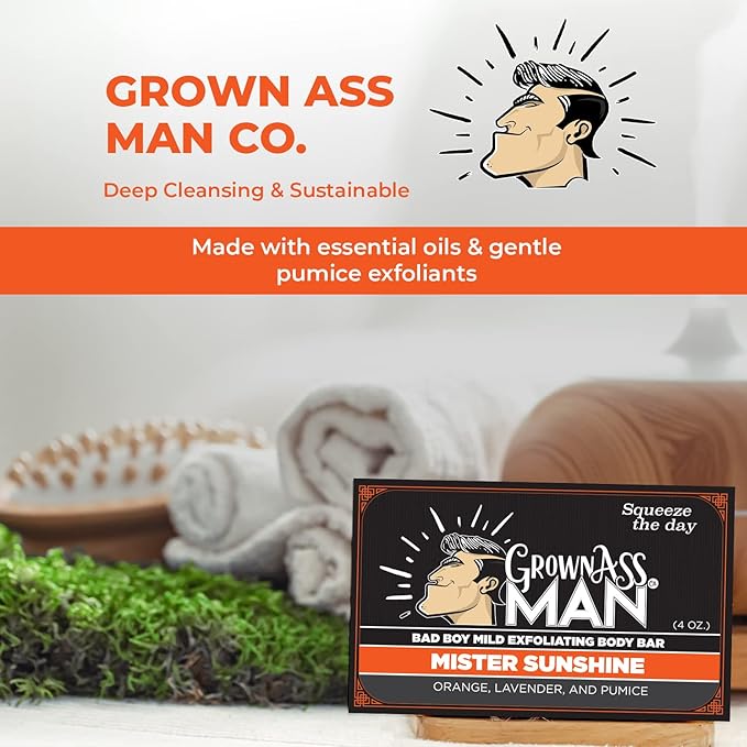 Grown Ass Man Co. Exfoliating Body Bars - Solid Soap with Natural Oils & Gentle Scrub - Plastic Free & Eco-Friendly, Natural & Organic for All Skin, 4oz Bar - Mister Sunshine - Mild Exfoliant, 6-Pack