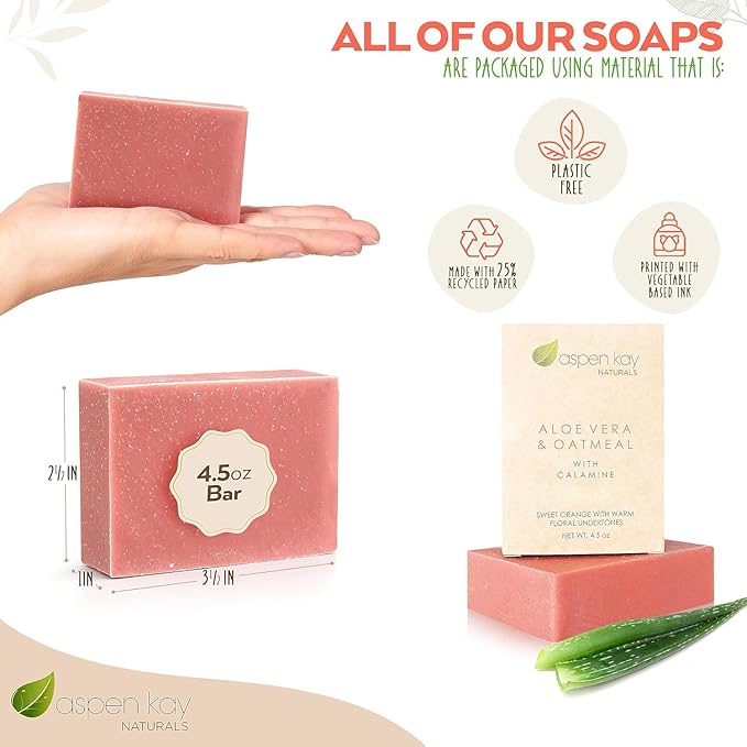 Aloe Vera & Oatmeal Soap Bar with Calamine, Natural & Organic Ingredients - Organic Aloe Vera & Colloidal Oats. Face & Body - for Men, Women & Teens. Gentle Body Wash. 4.5 oz Bar (Pack of 3)