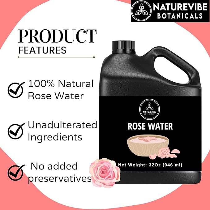 Naturevibe Botanicals Pure Rose Water Toner 32 oz – Hydrating Facial Mist & Hair Spray | 100% Natural, Alcohol-Free Skin Care & Makeup Setting Spray | Great for Skin Care and Hair Care