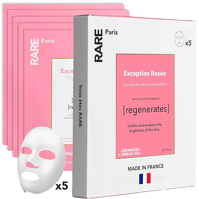 Exception Rosée - Regenerating Facial Sheet Mask - Hydrating & Brightening - With Ceramides & Omega-3 & 6 - Brightening, Firming & Revitalizing - Multi-Active Serum Formula - 5 Pack