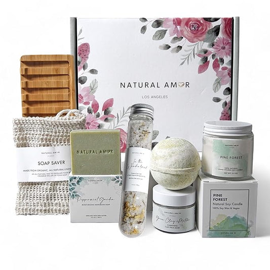Natural Amor Cozy Spa Gifts for Women and Men,7pcs Self Care Box Including Soap Bar, Candle, Bath Bomb, Bath Salt, Thank You Gift