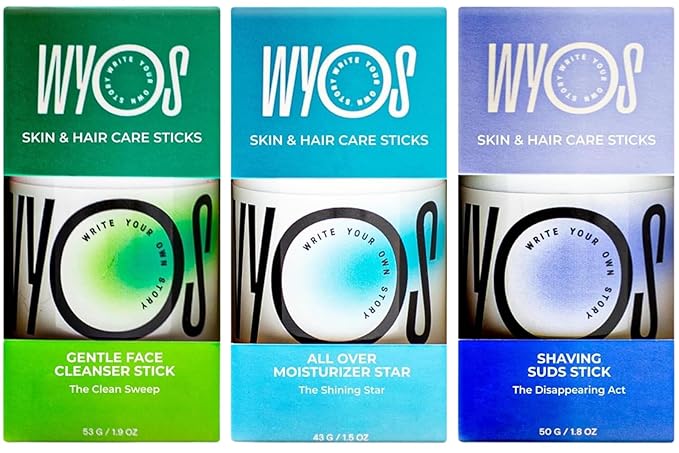 WYOS Starter Kit: Face Cleanser + Shaving Stick + Moisturizer Oil Stick Bundle | Travel Size, Leak Free, Vegan, Cruelty Free, Portable, Sulfate Free, Paraben Free, *Bag Included In Purchase*