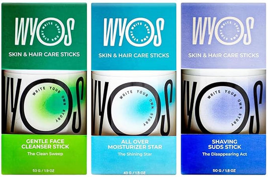 WYOS Starter Kit: Face Cleanser + Shaving Stick + Moisturizer Oil Stick Bundle | Travel Size, Leak Free, Vegan, Cruelty Free, Portable, Sulfate Free, Paraben Free, *Bag Included In Purchase*
