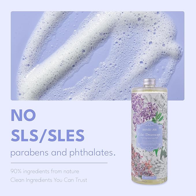 Lilac Foaming Hand Soap Refill Gift Set – 3 Pack (33.8 Fl Oz Each) with Refillable Dispenser, Soft Floral Scent, Moisturizing, Biodegradable & Chemical-Free Formula for Bathroom, Kitchen