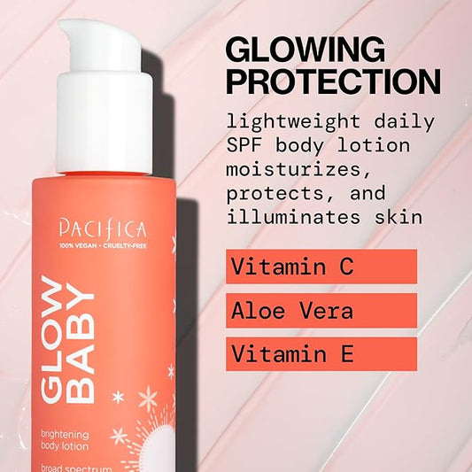 Pacifica Glow Baby Vitamin C SPF 30 Body Lotion – Brightening Daily Moisturizer + Broad Spectrum Sun Protection, Hydrating No White Cast Sunscreen for Glowing Skin, Clean Vegan & Cruelty-Free Skincare