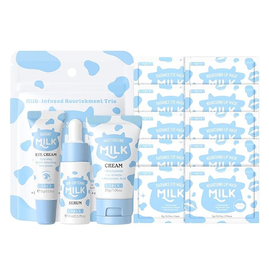 LAIKOU Skin Care Set, Moisturizer Face Cream, Travel Size Toiletries with Milk Eye Mask, Lip Mask, Eye Cream, Serum, Face Cream Mother's Day Christmas Birthday Daughter Wife