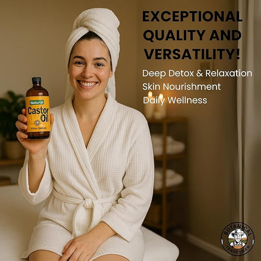 Organic Castor Oil (17 oz) Glass Bottle-100% Pure, Cold-Pressed, Hexane-Free, with 2 Resuable Organic Cotton Flannel Pack Wraps and Mascara Container for Skin, Hair, Eyelash's Eyebrow's & Body