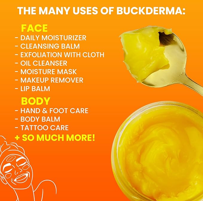 Buckderma - 100% Natural All-In-One Seabuckthorn Balm - Facial Moisturizer, Oil Cleanser, Overnight Mask, Makeup Remover, Lip Balm, Hand Cream, Foot Butter and More