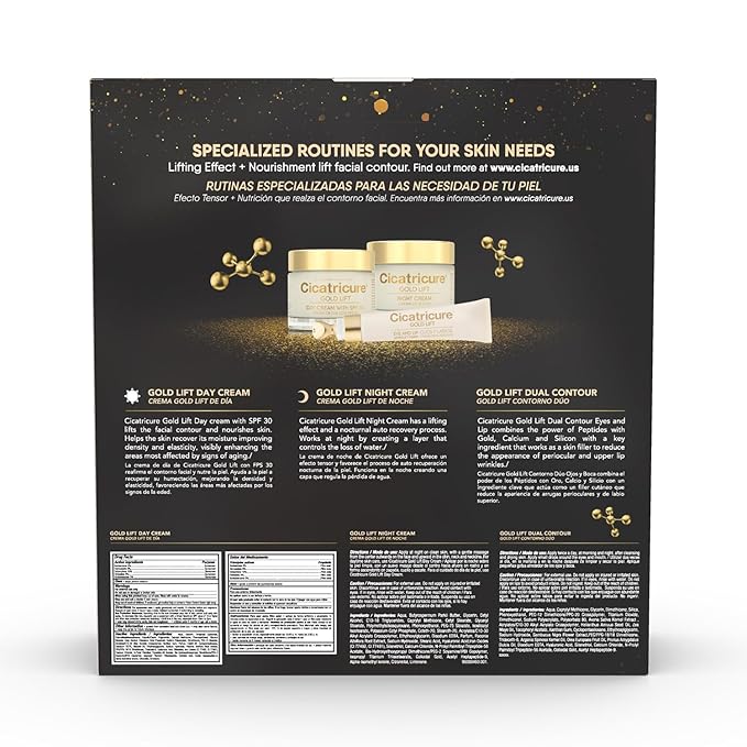 CICATRICURE Gold Lift Anti Gravitational Wrinkles Skin Care Gift Set with Day Anti-Wrinkle Cream + SPF 30 , Night Anti-Wrinkle Cream & Dual Contour Eye and Lip Wrinkle Cream, 3 Piece Set