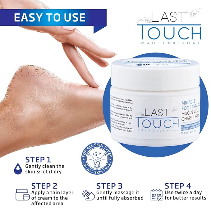 LAST TOUCH Miracle Cracked Repair Foot Care Cream - Foot Cream Dry Cracked Heels - Guaranteed Relief Worn, Cracked, Dry, Callused Feet - Athletes Foot Cream - Soft Smooth Feet 3.38 Fl Oz