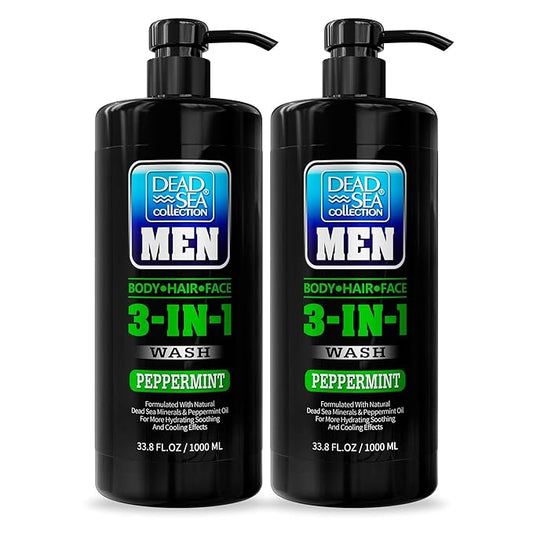 Dead Sea Collection Mens Body Wash 3 in 1 – Peppermint Body Wash for Men – Shower Gel – Shampoo – Shower Soap for Face and Hair – Pack of 2 Bottles (33.8 Fl. Oz. Each)