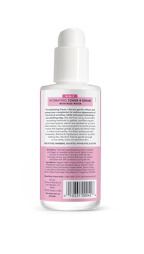 Dickinson's Original Witch Hazel Hydrating Toner + Serum with Rose Water | 100% Natural Distilled Witch Hazel | Alcohol-Free | Hydrates, Tones, Renews, and Soothes Skin | 4 Fl Oz