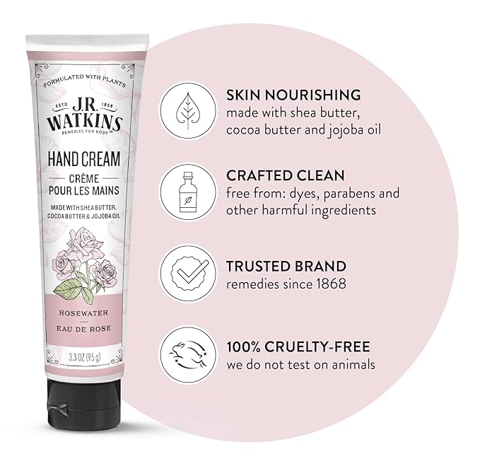J.R. Watkins Natural Moisturizing Hand Cream, Hydrating Hand Moisturizer with Shea Butter, Cocoa Butter, and Avocado Oil, Cruelty Free, 3.3oz, Rosewater, 3 Pack