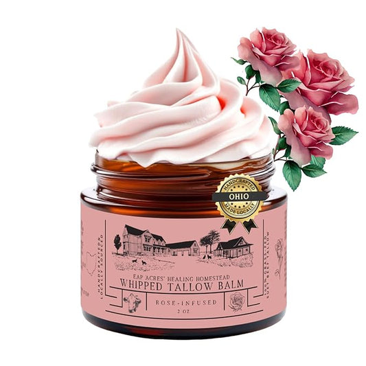 Rose-infused 100% Grass-Fed Whipped Tallow Balm-Organic Jojoba Oil, Rosehip Oil, Face and Body Moisturizer for Dry, Sensitive Skin, Eczema (ROSE-INFUSED)