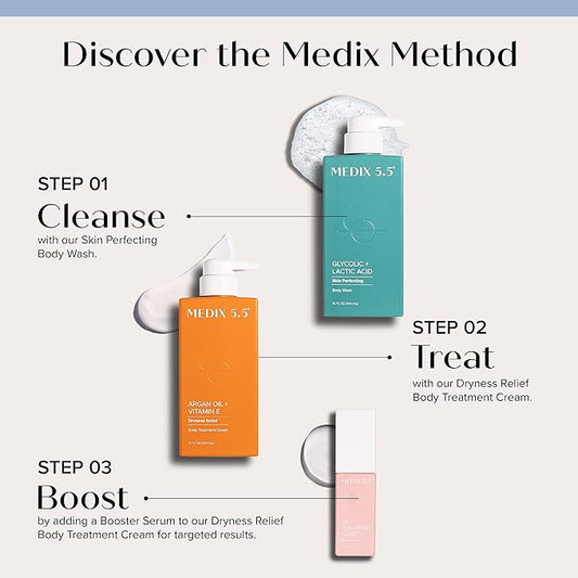 Medix 5.5 Glycolic Acid Exfoliating Face & Body Wash Cleanser + Argan Oil Moisturizing Body Cream Lotion 2PC Skin Care Set | Alpha Hydroxy Acid & Lactic Acid Foaming Face Wash, 2PC Set