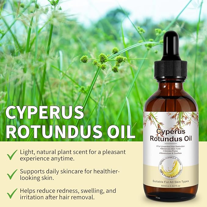 Cyperus Rotundus Oil for Skin 2.02 fl.oz, Natural Cyperus Rotundus Oil for Hair Removal, Reducing Body Hair Growth, Moisturizing & Soothing the Skin, Shrink Pores, Suitable for All Skin Types