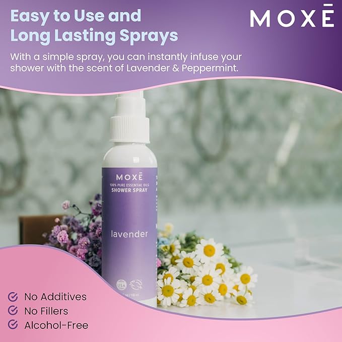 MOXE Aromatherapy Shower Mist Variety Pack, Eucalyptus, Lavender, Breathe and Dream, Spa Steam Spray, Natural 100% Essential Oils, Made in USA, Aromatherapy, Sinus Congestion Relief, 4 Pack (8oz)