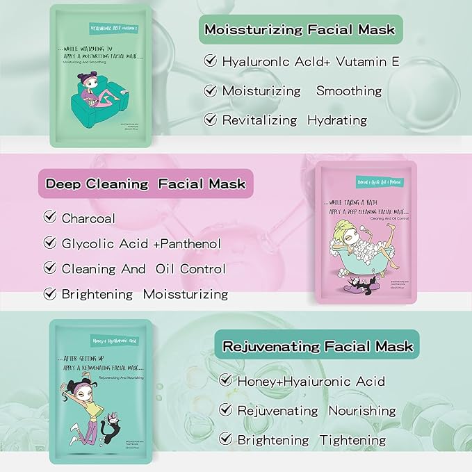 Face Masks Skincare Set for Girl,Moisturizing Collagen Facial Masks for Women Home Spa,Hyaluronic Acid Face Mask for All Skin Types,Day Night Facial Mask Hydrating,Deep Cleaning,Oil Contral(6Pack)