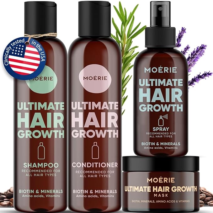 Moerie Shampoo and Conditioner Plus Hair Mask and Spray Mega Pack – The Ultimate Growth Care – For Longer, Thicker, Fuller Hair - Volumizing Products – Paraben & Silicone Free - 4 items
