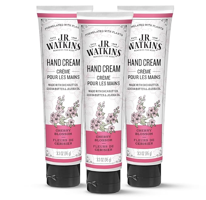 J.R. Watkins Natural Moisturizing Hand Cream, Hydrating Hand Moisturizer with Shea Butter, Cocoa Butter, and Avocado Oil, Cruelty Free, 3.3oz, Cherry Blossom, 3 Pack