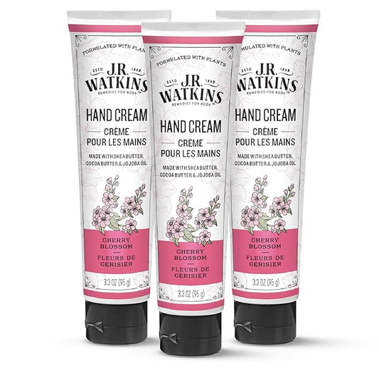 J.R. Watkins Natural Moisturizing Hand Cream, Hydrating Hand Moisturizer with Shea Butter, Cocoa Butter, and Avocado Oil, Cruelty Free, 3.3oz, Cherry Blossom, 3 Pack