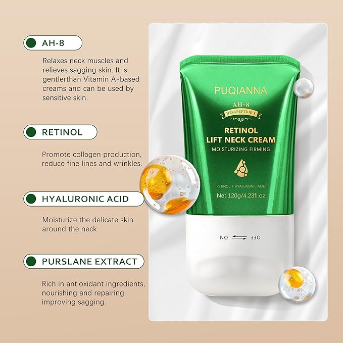 Retinol Neck Cream with Roller - AH8 Lift Firming Cream for Crepey Skin, Hyaluronic Acid Moisturizer for Face, Neck & Body, Tightening & Lifting Treatment for Wrinkles & Lines 4.23oz